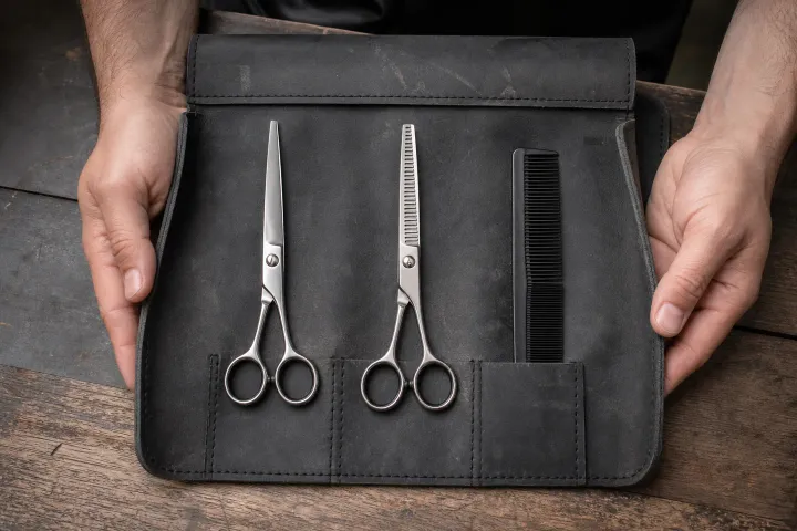 A barber opens a worn unbranded tool roll containing one closed cutting shear, one closed thinning shear and a comb before the shift.