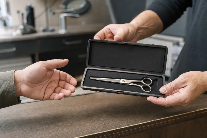 Two adults' hands meet at an unbranded service counter around an open protective case holding a closed generic hair shear.