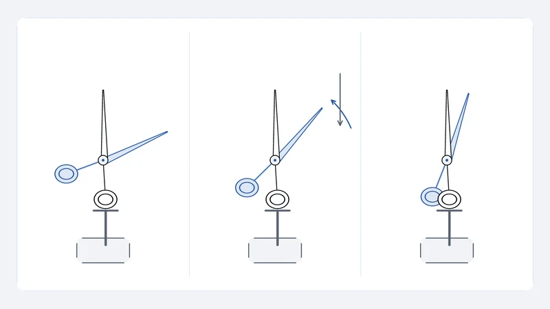 Three drawings showing a raised blade released and moving toward the other blade