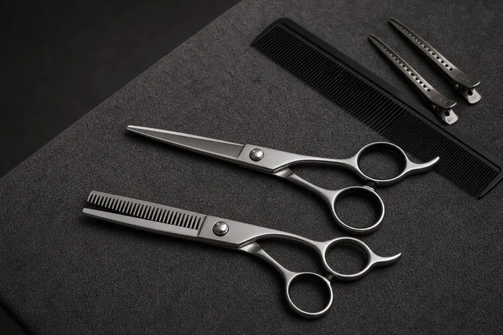 A toothed thinning shear and cutting shear beside a comb on a dark mat.